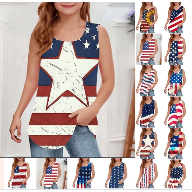 MKOSPLRT Débardeurs Drapeau Américain Filles Enfants Sans Manches Col Rond Fête de l'Indépendance Débardeurs Mignons Rouge Blanc et Bleu Débardeurs 5-14 Ans