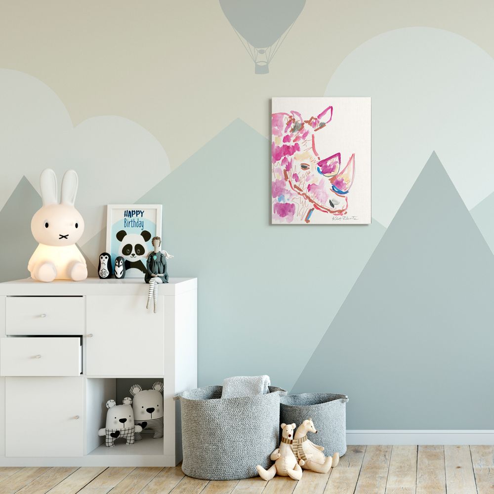 Stupell Industries Colorful Rhino Illustration Safari Animal Pink Blue Designed by Kait Roberts