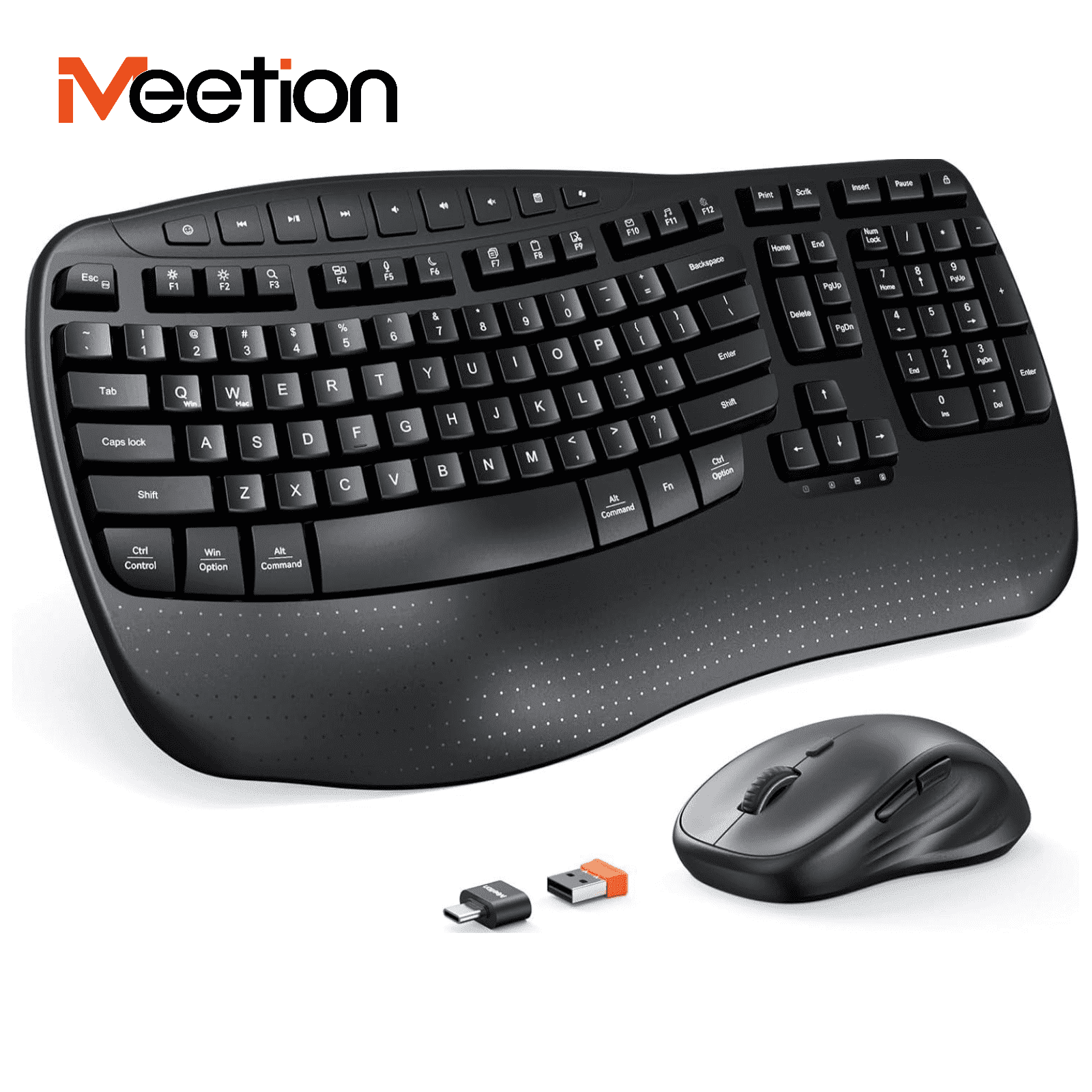 Meetion USB Wireless Ergonomic Keyboard & Mouse Combo with Wrist Rest & Wave Keys, Black, For Windows/Mac