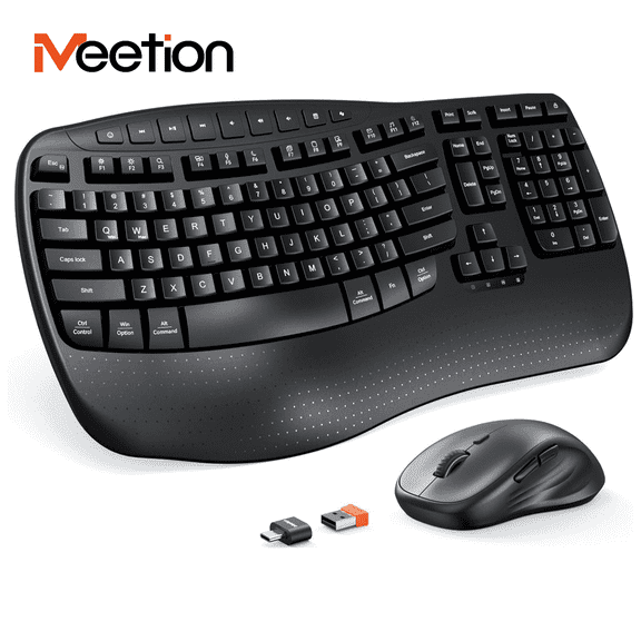 Meetion USB Wireless Ergonomic Keyboard & Mouse Combo with Wrist Rest & Wave Keys, Black, For Windows/Mac