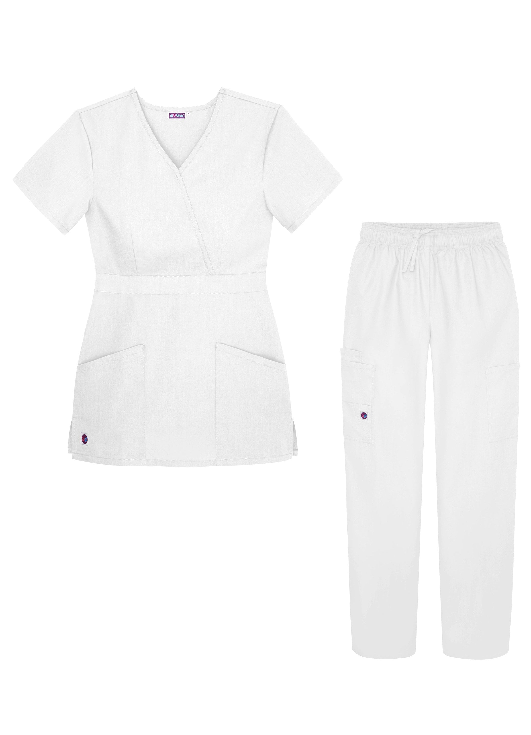 Sivvan Womens Scrub Set - Multi Pocket Cargo Pants & Stylish Mock Wrap Top