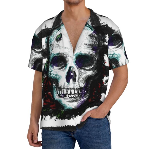 Balery Watercolor Skull Camisa Casual de Manga Corta con Botones para Hombre, Texturizada, Estilo Cubano, para Playa, Verano-3X-Large