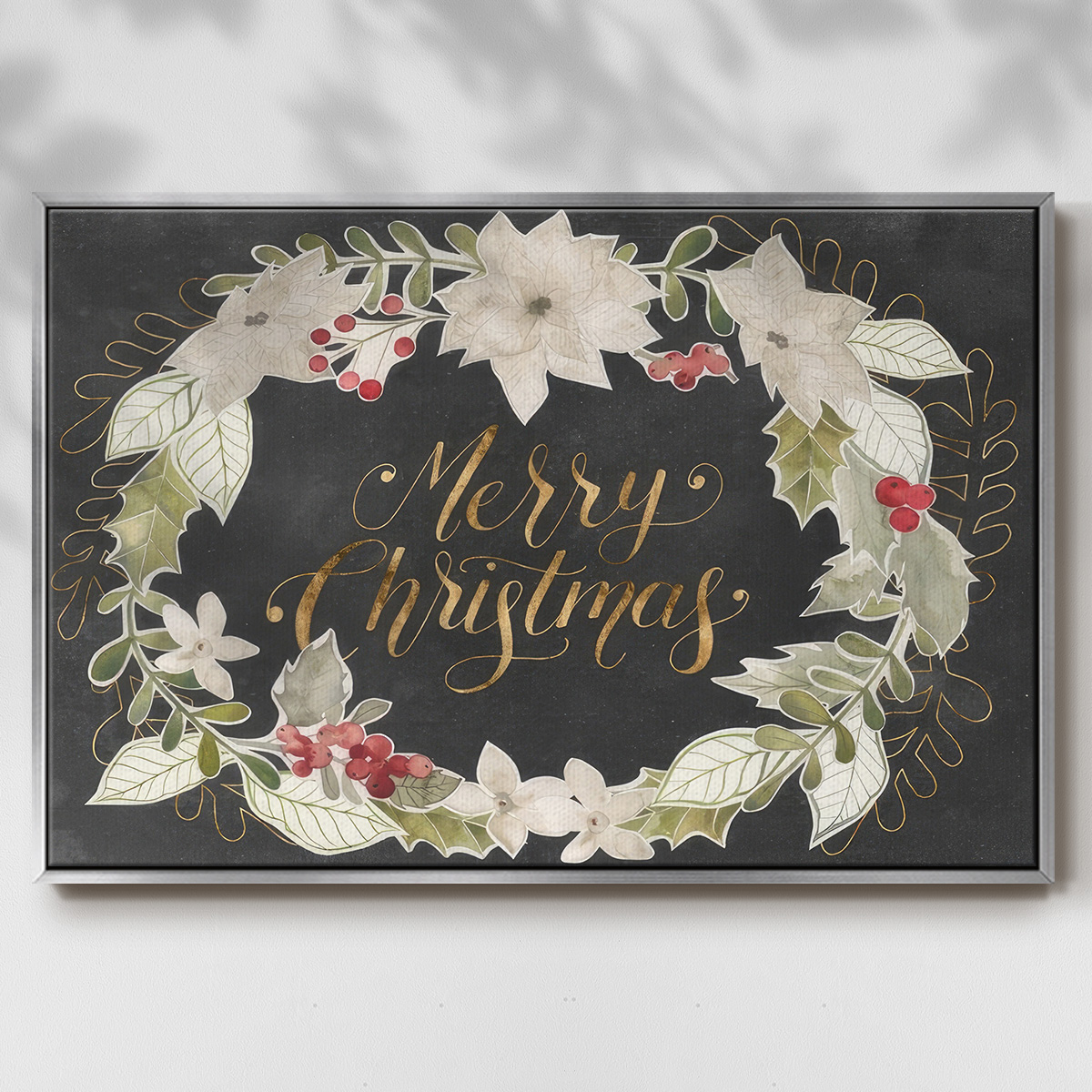 Gilded Christmas Collection A - Framed Gallery Wrapped Holiday Canvas - 25 x 37 - Silver Frame
