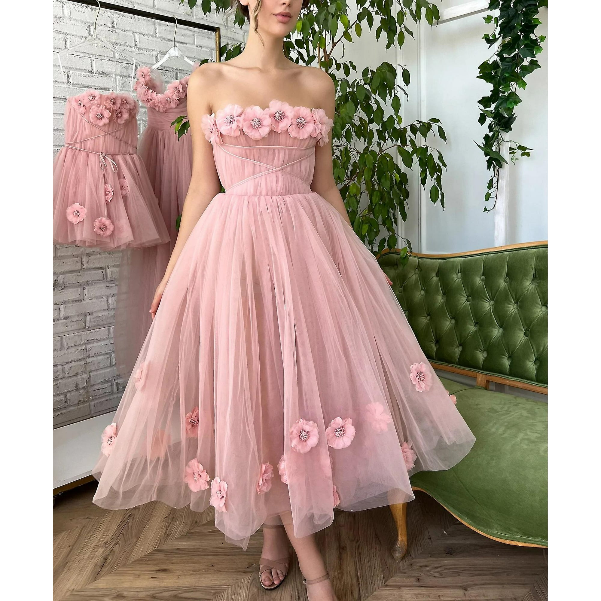 Elegant Evening Dresses For Wedding Pink Tulle Off The Shoulder Flower Backless Sleeveless Ankle Length Woman Prom Guest GownM Walmart