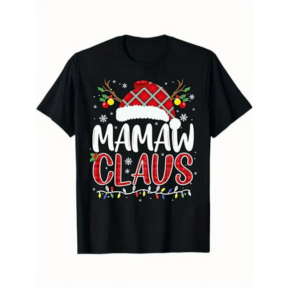 Mamaw Claus Matching Family Christmas Shirts for Men & Women - Santa Hat & Reindeer Lights Graphic Tees, Black Short Sleeve Crewneck T-Shirts, Lightweight Holiday Party