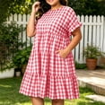 thumbnail image 6 of Guieoi Plus-Size Womens Dresses Plus Size Summer Checkered Pleated Short-Sleeve Round-Neck Casual A-Line Dress with Pockets Red L, 6 of 9