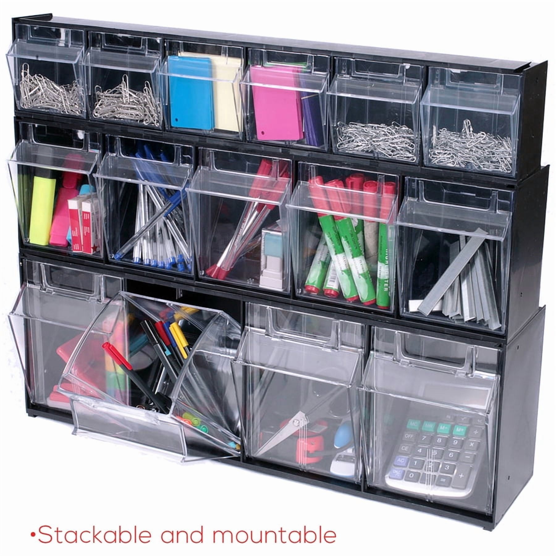 Deflecto Tilt Bin Plastic Storage System w/6 Bins, 23 5/8 x 3 5/8 x 4 1/2, Black