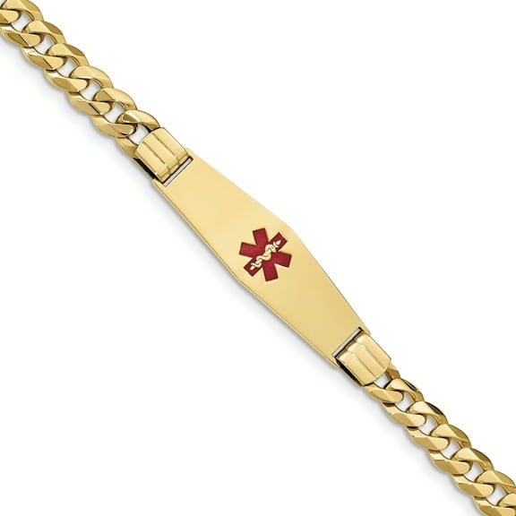 14K Medical Soft Diamond Shape Red Enamel Flat Curb Link ID Bracelet (Weight: 22.01 Grams, Length: 8 Inches)