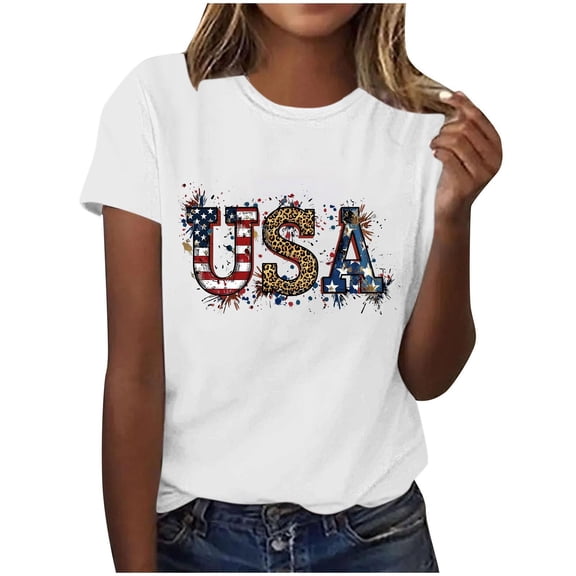Levmjia Women's 4th of July T-Shirt Patriotic USA Flag Leopard Print Short Sleeve Crew Neck Casual Summer Top for Independence Day Holiday