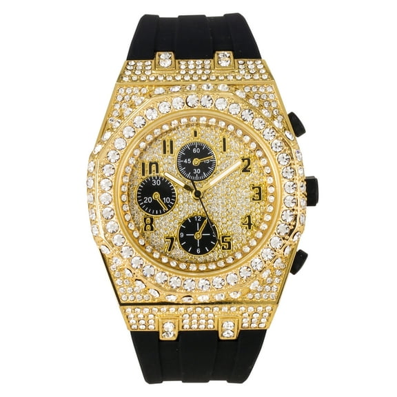 Men's 43mm Iced Out Octagonal Case Silicone Band Watch - Gold Black Finish