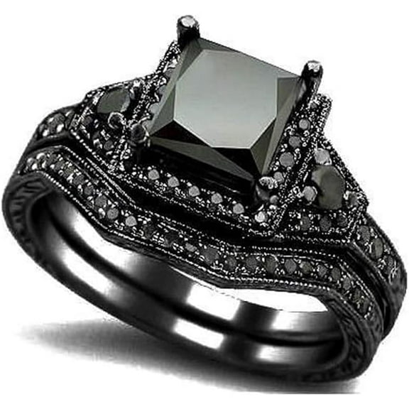 beryl_creation 1.20 Ct Princess Cut Black Diamond Wedding Engagement Bridal Ring Set 14K Black Gold Plated 925 Sterling Silver For Women's -6.5