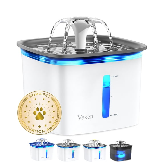 Veken Award Winner 95oz/2.8L Cat Water Fountain, Quiet Dispenser with Replacement Filters for Indoor Dogs, Pets in an Apartment, Easy Water Supply, Grey