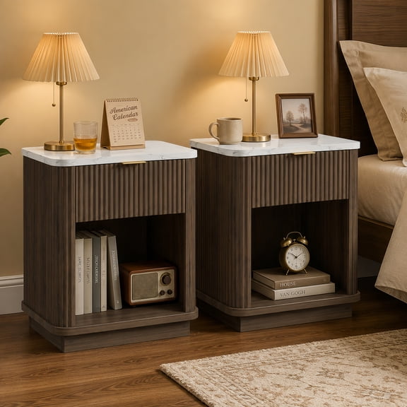 Fluted Nightstand Set of 2, Faux Marble Top, Gold-Tone Handle, Drawer & Shelf Storage