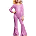 thumbnail image 2 of ZHOGXU Kids Girls Romper Long Sleeve Round Neck Solid Color Glitter Stretchy Comfortable Jumpsuit Bodysuit For Stage Performance,Hot Pink,11-12 Years, 2 of 4