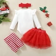 thumbnail image 4 of KIMI BEAR Newborn Girls Outfits 6 Months Baby Girl Spring Winter Outfits 9 Months Christmas Printing Long Sleeve Rompers + Mesh Stitching Skirts + Headband+Socks 4PCS Set Red, 4 of 8