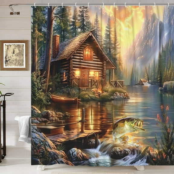 Rustic Cabin Shower Curtain for Bathroom, Country Lodge Bass Fish Lake Fishing RV Shower Curtain, Funny Farmhouse Hunting Camp Forest Nature Art Fisherman Shower Curtain with 12PCS Hooks,70X70IN