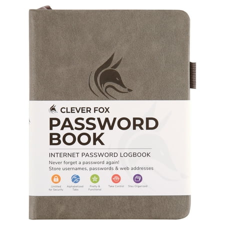 Clever Fox Password Book with tabs. Internet Address and Password Organizer Logbook with alphabetical tabs. Small Pocket Size Password Keeper Journal Notebook for Computer & Website Logins (Grey)