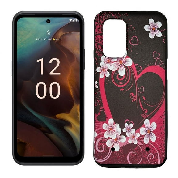 For Nokia XR21 TPU Flexible Skin Cover Cellphone Case Tempered Glass - Pink Heart