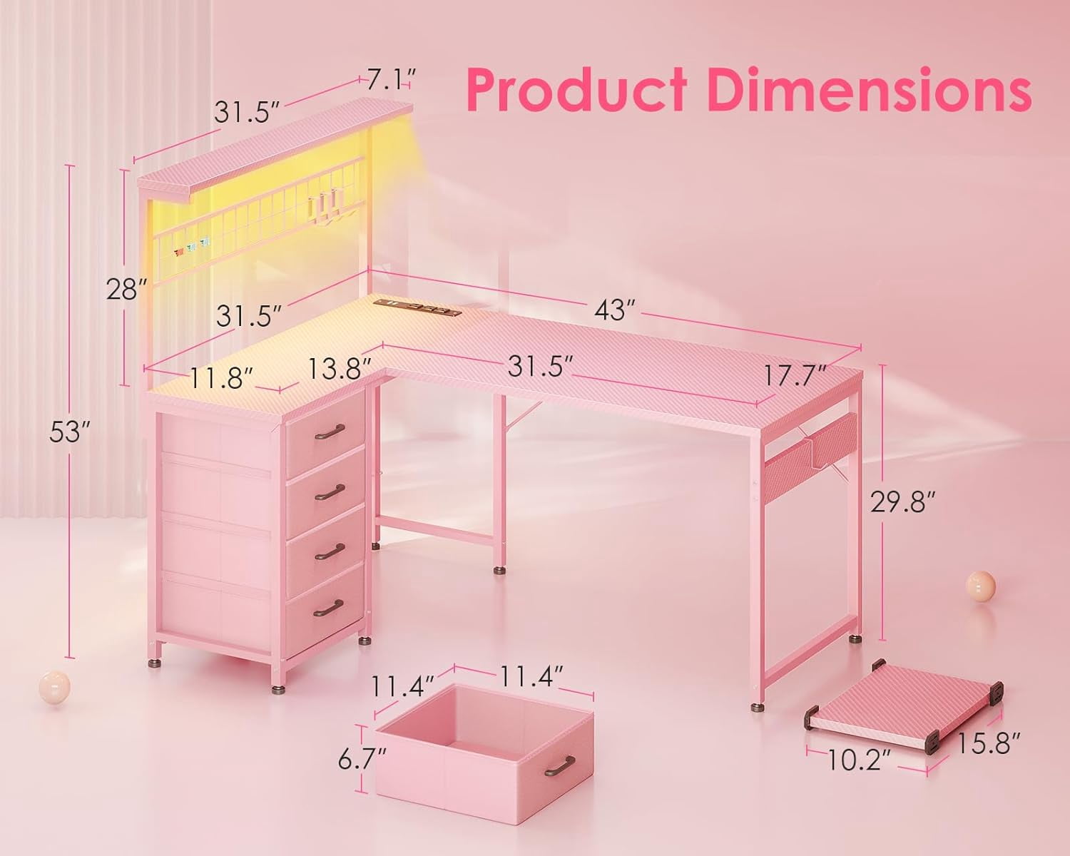 MOTPK L Shaped Gaming Desk with Drawers & LED Light & Power Outlet, 43" Reversible Computer Table with Shelves & Hooks for Home Office, Carbon Fiber Pink
