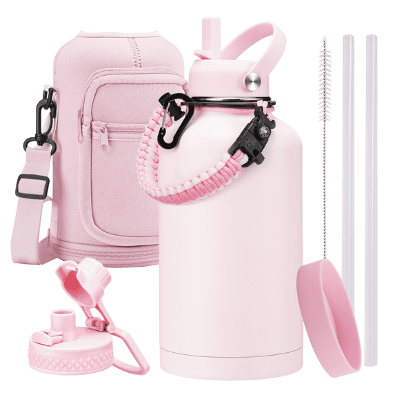 Half Gallon Water Bottle with Straw - Chug Lid, Paracord Handle, Silicone Boot, Keep Ice Cold-48H, Metal Insulated Flask Sports Water Bottle 64 oz for Women