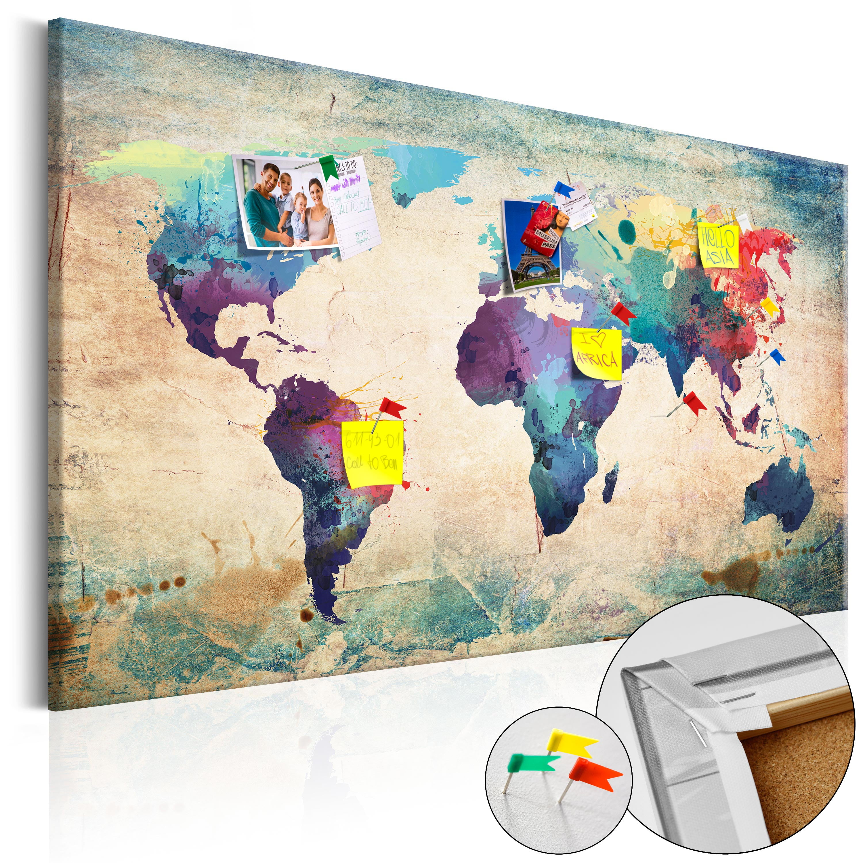 artgeist Pinboard World Map 35x24 in - Cork Board & Canvas Print Wall Art 1  pcs Memoboard with 50 Pins Noticeboard Message Board Image Picture Home
