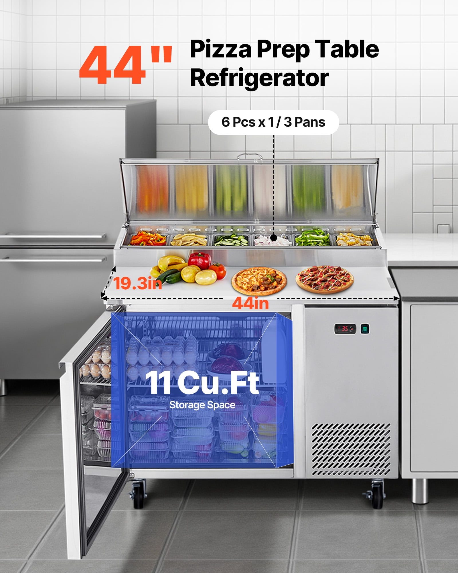 VEVOR Commercial Refrigerator, 44" W Pizza Prep Refrigerated Table, 20" Ultra Wide Countertop Food Prep Worktable,11 Cu.Ft Single Door Salad Prep Fridge,6 Pans
