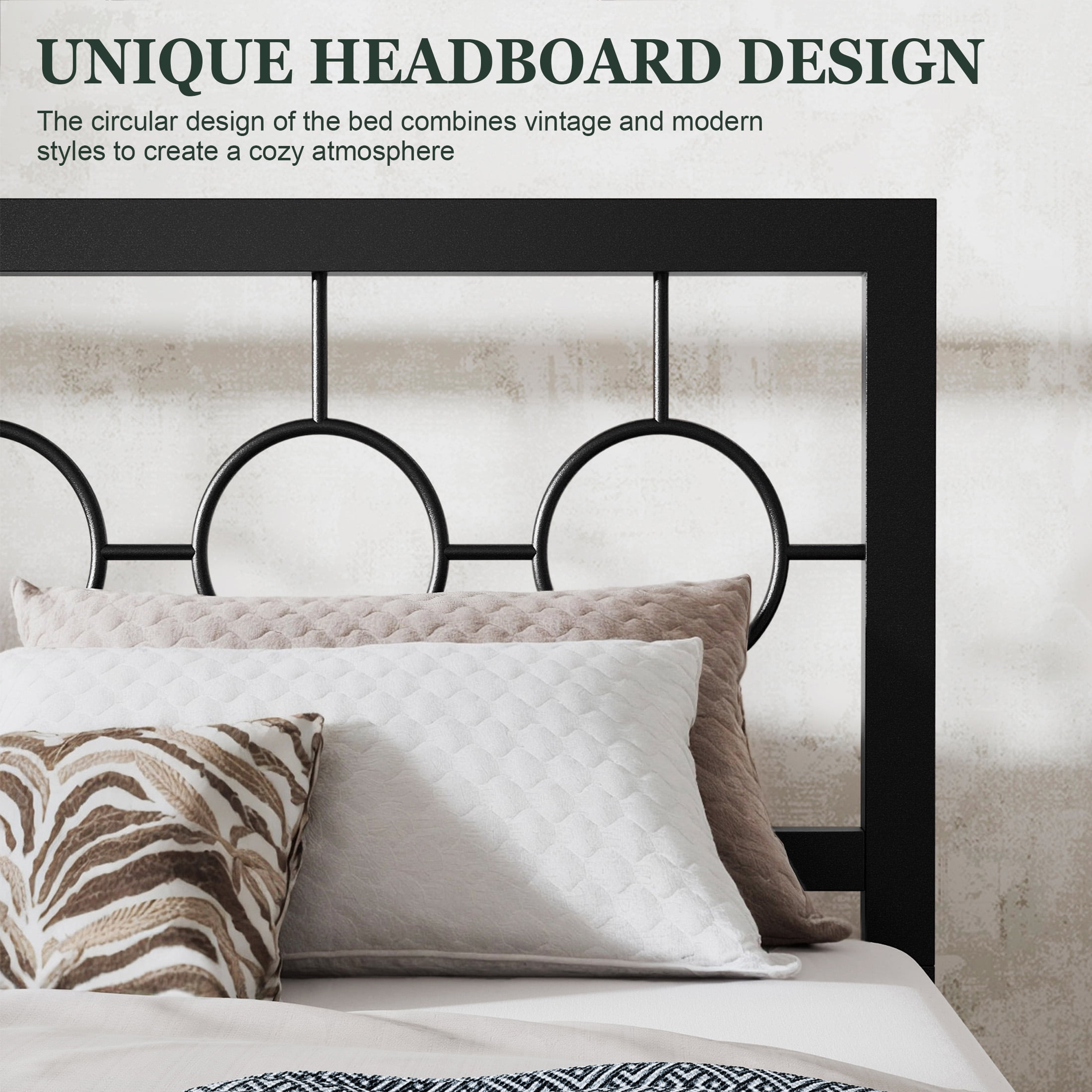 Sha Cerlin Black Queen Size Metal Platform Bed Frame with Vintage Circular Headboard & Footboard, Adult