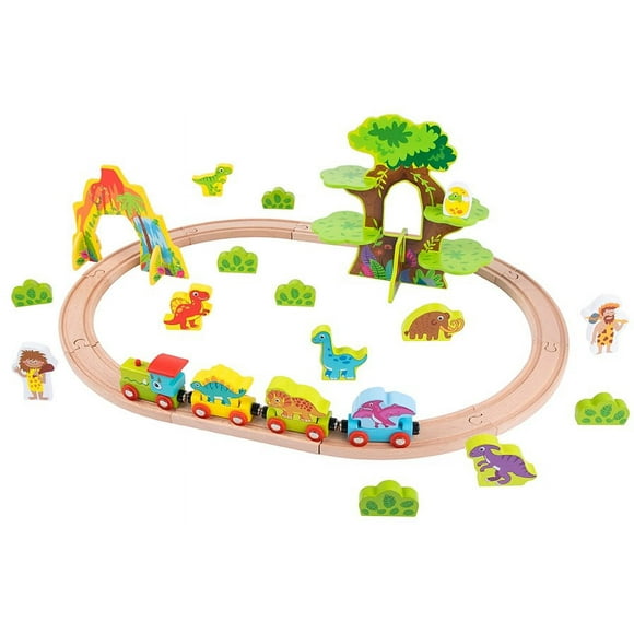 TOOKYLAND Wooden Dinosaur Train Set - 40pcs - Tracks, Train, Figurines and Decor, Ages 3+