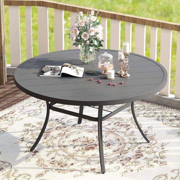 Outdoor Round Table 53 Inch for Patio Garden Lawn, All Weather Metal Dining Table with Adjustable Umbrella Hole, 8 Seater, gray and Black