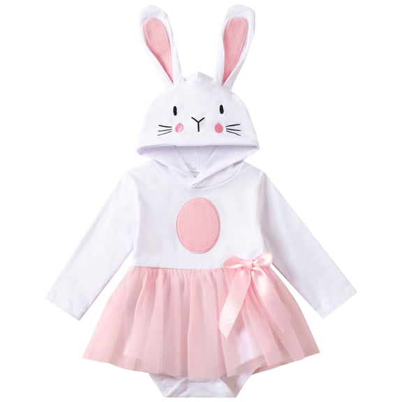 kpoplk Newborn Baby Girl Easter Outfit Long Sleeve Romper Hoodie Bodysuit Suspender Skirt Set Cute Baby Girl Spring Clothes Size 3-6 Months,White