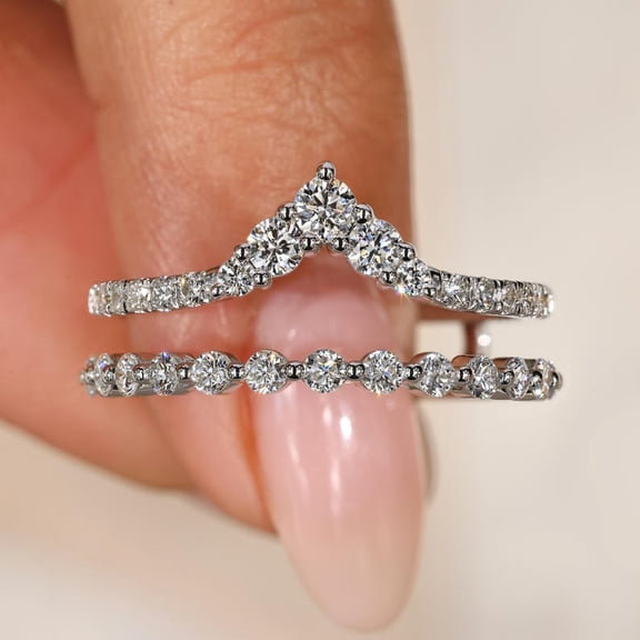 Lab Created Diamond Ring Enhancer for Pear & Round Cut Rings, 14K White Gold Plated 925 Sterling Silver Crown Chevron Wedding Wrap Guard