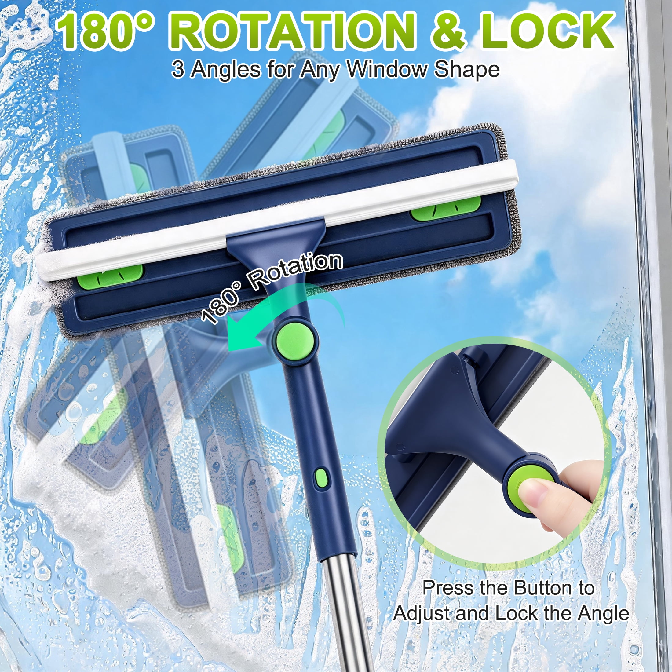 GARITIN Window Squeegee Cleaner with Extendable Pole, Microfiber Window Washing Tool for Glass, Mirror, Car Windshield