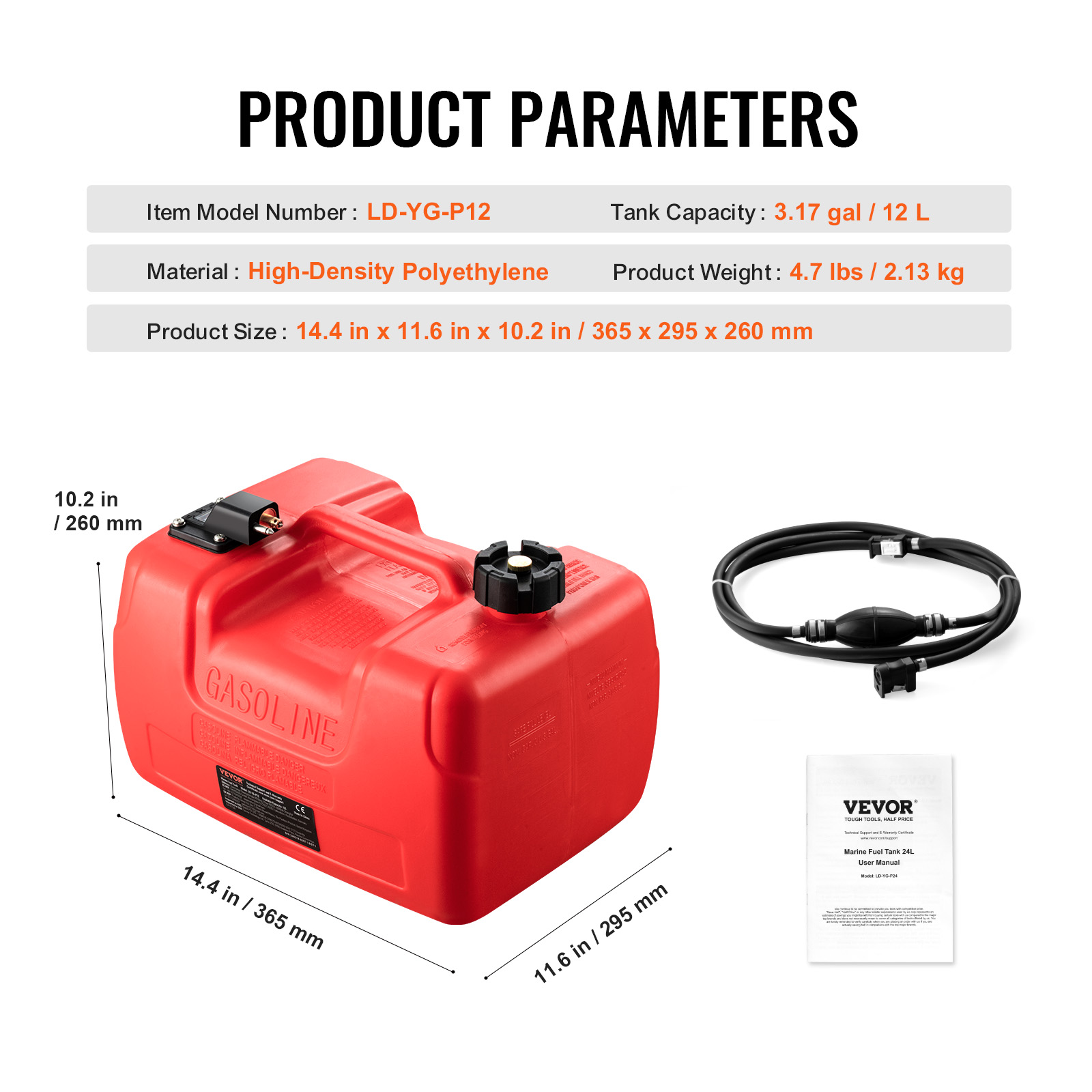VEVOR Boat Fuel Tank, 3.17-Gallon/12-L Marine Outboard Transfer Tank, Transfer Tank with 9.8ft Hose, Gauge for Outboard Engine, Yacht, Fishing Boat, Deck, Red