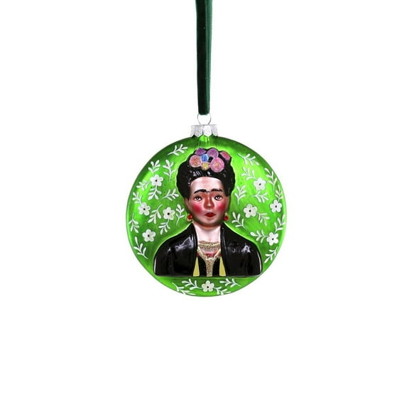 Hand-Painted Floral FRIDA KAHLO Glass Disc Christmas Ornament, by Cody Foster