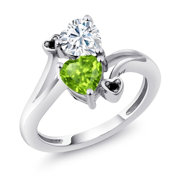 Gem Stone King 925 Sterling Silver White Moissanite Green Peridot and Black Diamond Ring for Women (1.60 Cttw, Heart Shape 6MM, Gemstone Birthstone, Size 5)