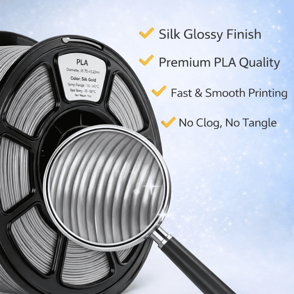 Silk PLA 3D Printer Filament, 3D Printer Filament Bundle 1.1KG 1.75mm, High-speed Printing, Neatly Arranged Lines, for Most FDM 3D Printer Bright Silver