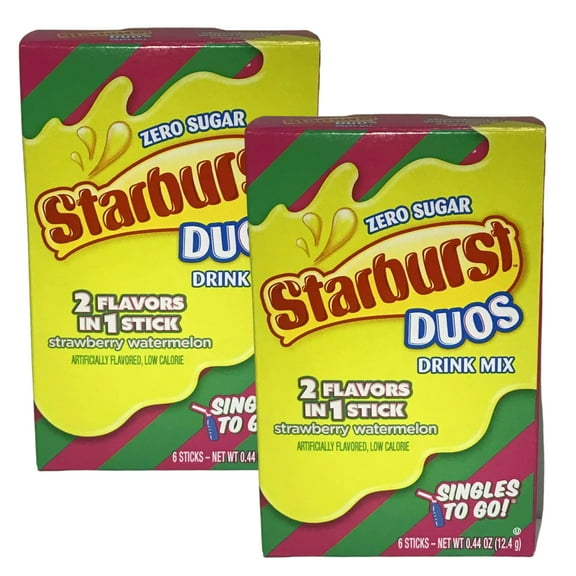 Starburst Duos Singles to Go Strawberry Watermelon Flavored Drink Mix, Low-Calorie Fruity Drinks Easy to Prepare Outdoor Summer Picnic Powder Drinks 6ct, 2 Boxes(12 Total Serving)