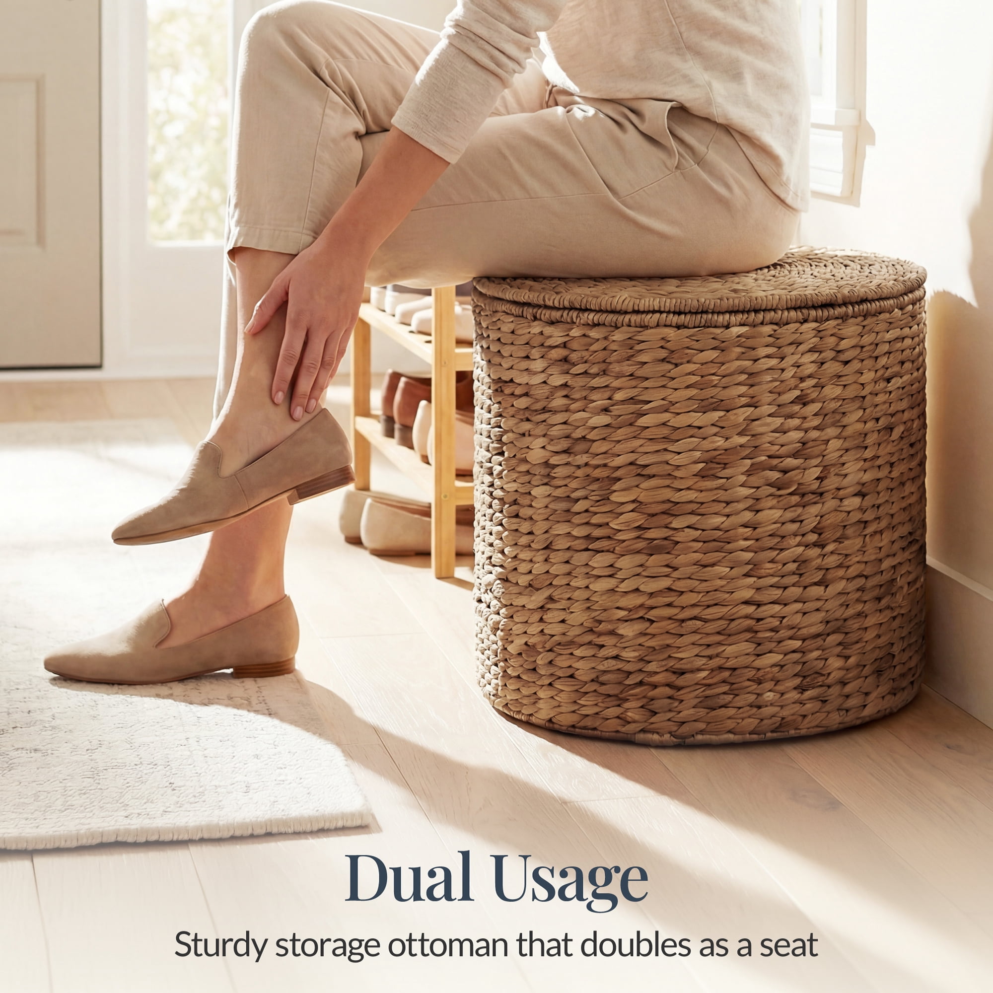 Best Choice Products Large Round Storage Ottoman W/ Lid, Handwoven Water Hyacinth Footstool - Chestnut