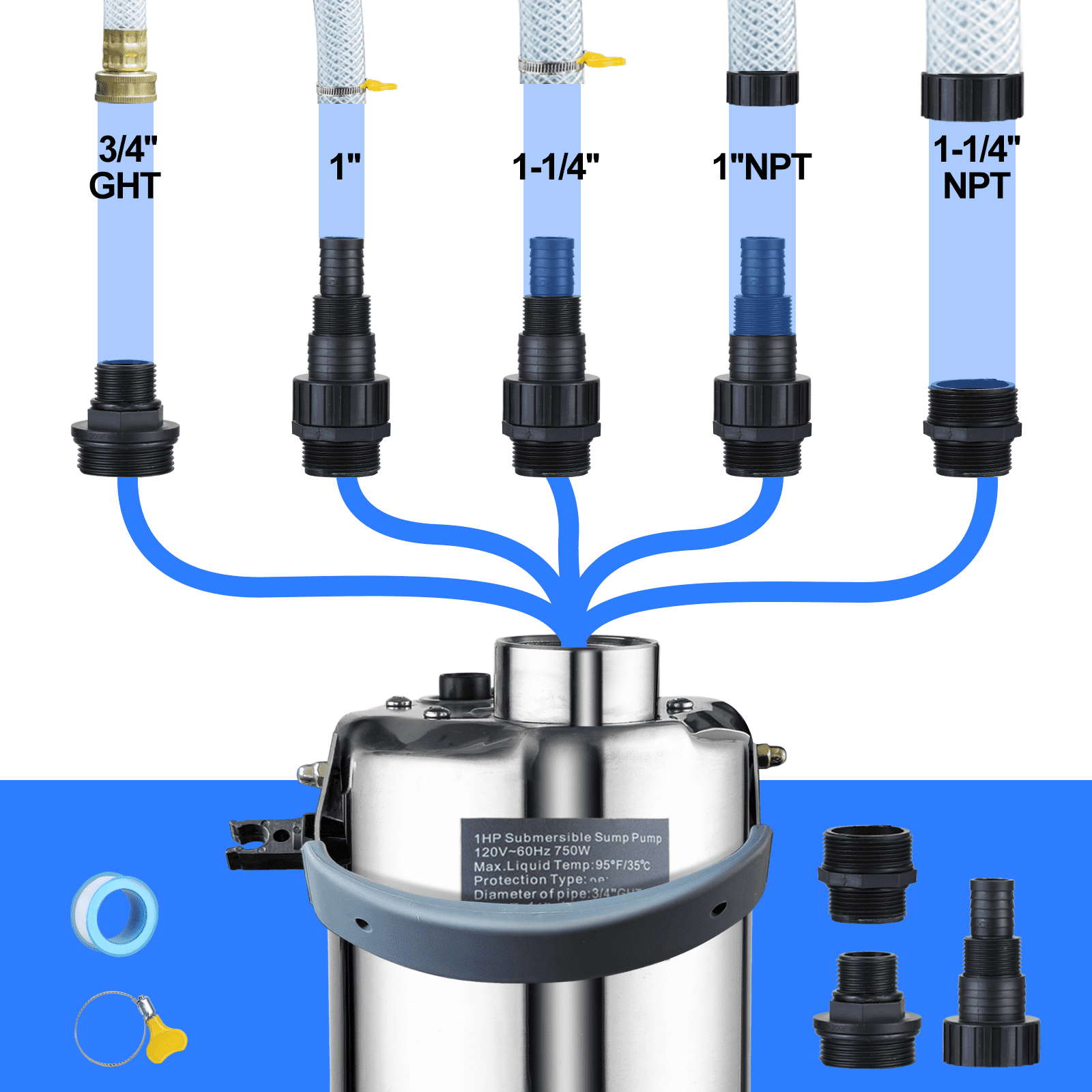 Sump Pump Submersible Water Pump 1.2HP 4500GPH Stainless Steel Portable Water Transfer Pump Electric for Pool Draining Hot Tub Basement Utility Pumps
