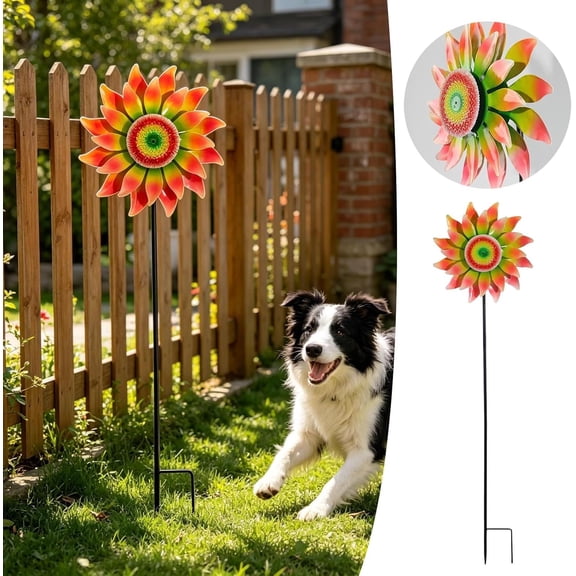48" Metal Pinwheel Wind Sculpture with Stake, 360° Rotating Windmill Yard Art, Sunflower Wind Spinners for Outdoor, Kinetic Wind Sculptures for Garden Lawn Backyard Patio Decoration(Q)