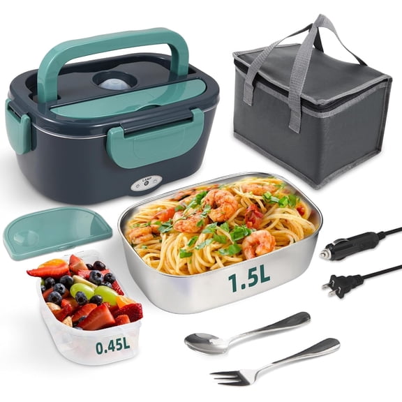 Electric Heated Lunch Box for Adults, 1.5L Stainless Steel Food Warmer with 110V, 12V and 24V Power Cords, Insulated Bag, for Office, Work and Travel