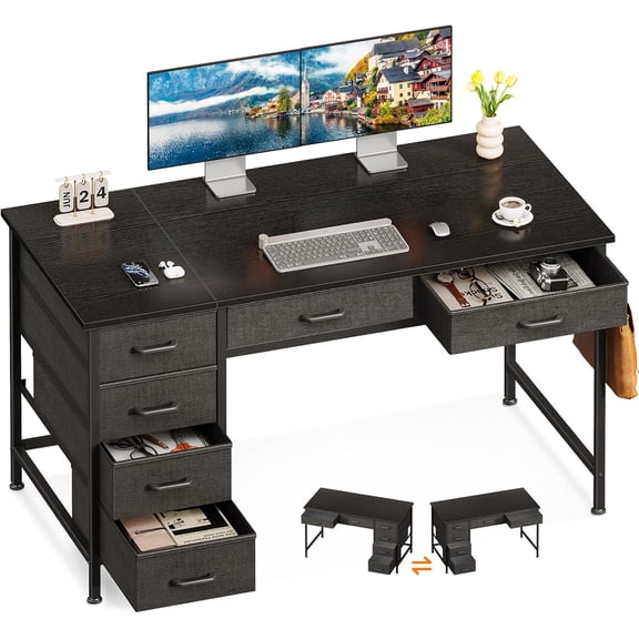 Computer Desk with 6 Drawers, 48 Inch Office Desk with Storage, Reversible Desk with Headphone Hook for Home Office, Work Study Table for Bedroom, Black
