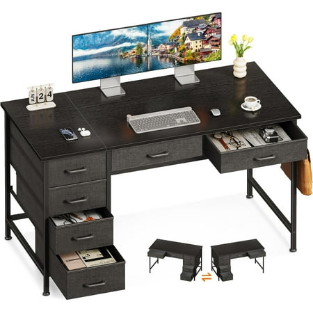 ODK Computer Desk with 6 Drawers, 48 Inch Office Desk with Storage, Reversible Desk with Headphone Hook for Home Office, Work Study Table for Bedroom, Black