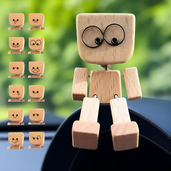 LAMIRO Shaking Wooden Man Figurine with 12 Pcs Magnetic Expressions Handmade Swinging Feet Design Car Dashboard Desktop Decor Gift