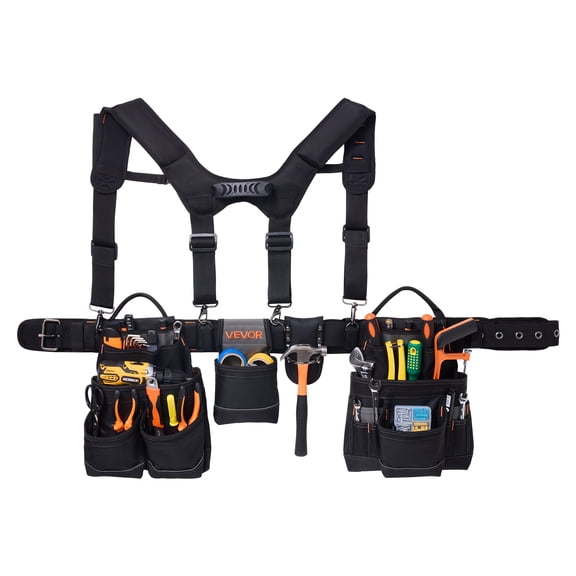 VEVOR Tool Belt, 19 Pockets Tool Pouch with Suspenders for Men, Heavy Duty Adjustable Utility Belt Work Bag Detachable Suspension Rig for Electrician, Carpenter, Construction, Adjust Waist 31 to 51in