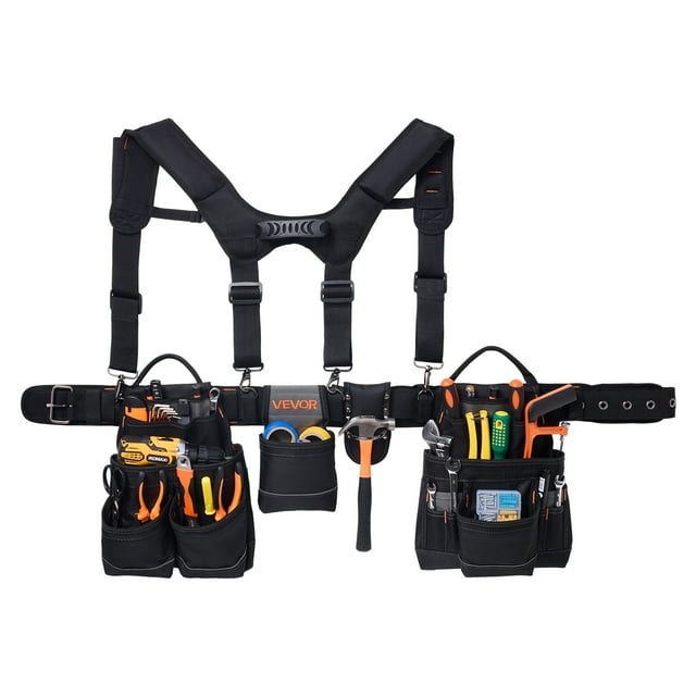 Cinturón portaherramientas VEVOR, bolsa portaherramientas de 19 bolsillos con tirantes para hombre, cinturón utilitario ajustable de alta resistencia, cintura ajustable de 79 a 130 cm