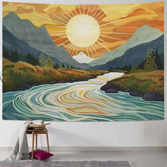 Shiartex Bohemian Abstract Mountain Wall Hanging Tapestry Boho Sun Mid Century River Aesthetic Minimalist Rainbow Vintage Modern 70s Bedroom Dorm Living Room Wall Art Home Decor Painting