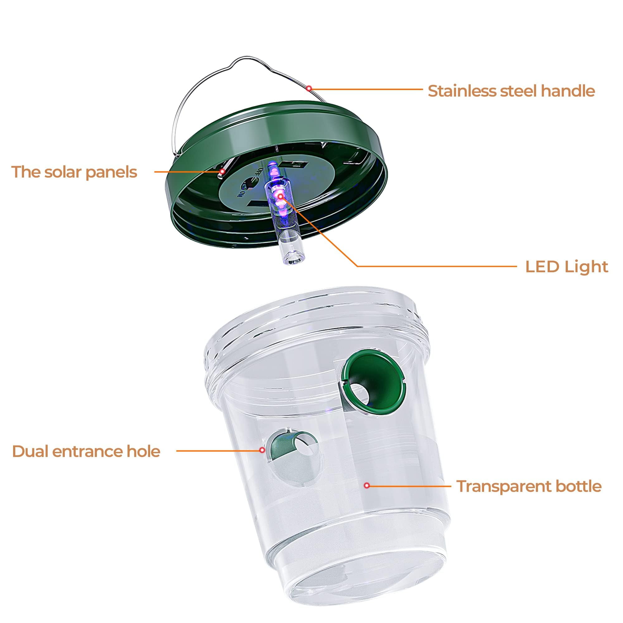 2 Pack Solar Wasp Traps Solar Powered Wasp Killer Hanging with UV LED Light Reusable Bee Trap Catcher Outdoor for Hornets