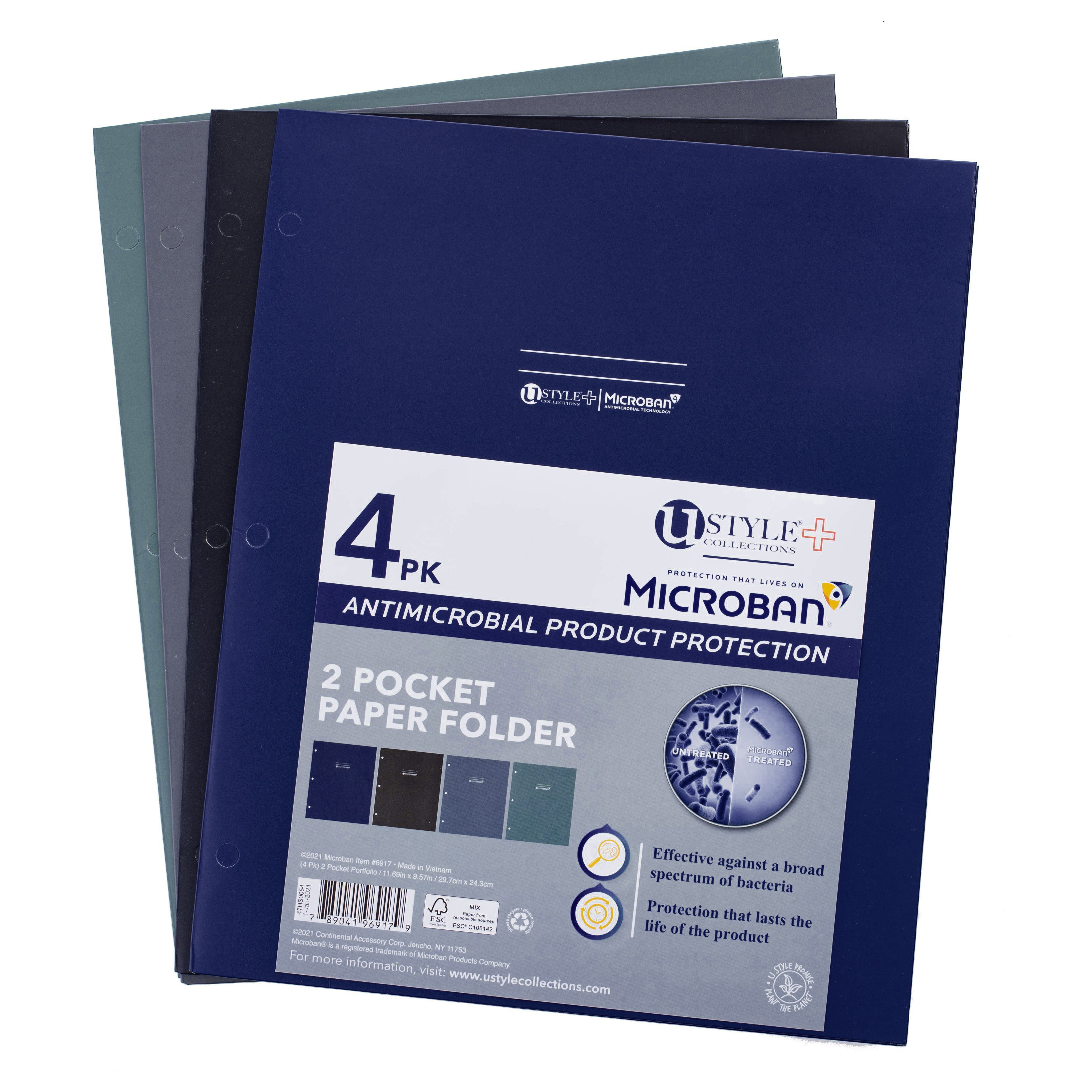U Style Antimicrobial Two-Pocket Paper Folder with Microban, 4 Pack, Assorted (Navy, Black, Grey, Moss)