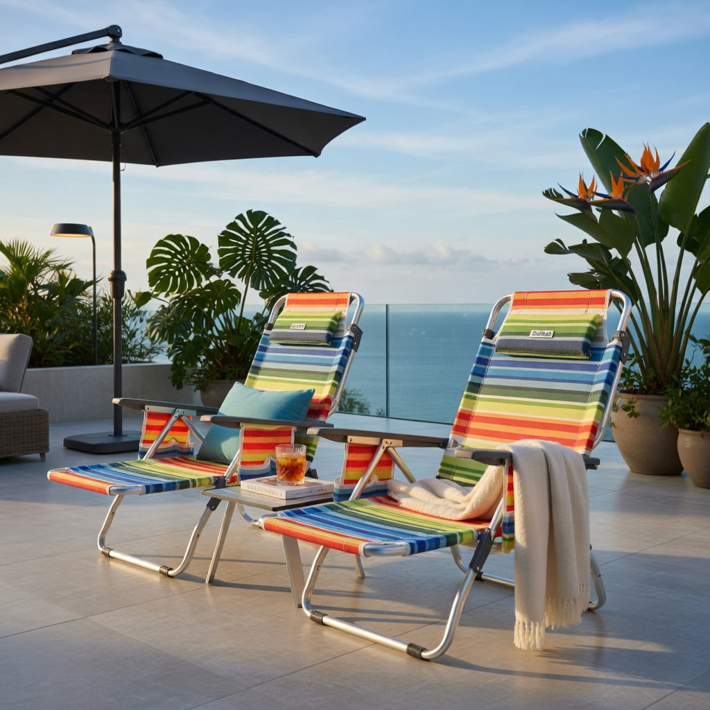 Hommoo 2-Pack Portable 5-Position Aluminum Beach Chair Set with Folding Side Table, Yellow